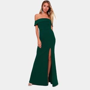 Lulu’s Aveline Off-the-Shoulder Maxi Dress Forest Green Sz S NWT